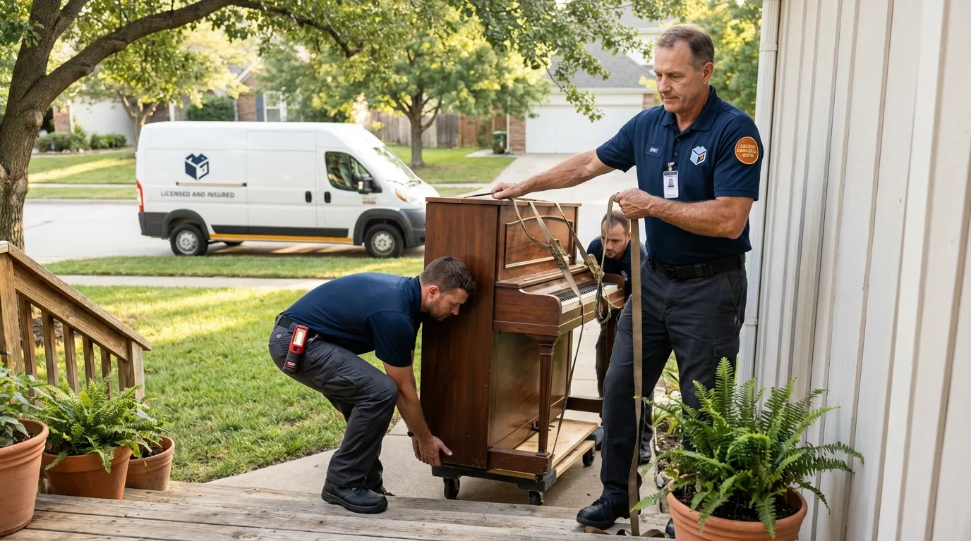 Licensed piano movers securing grand piano in Columbus, MT